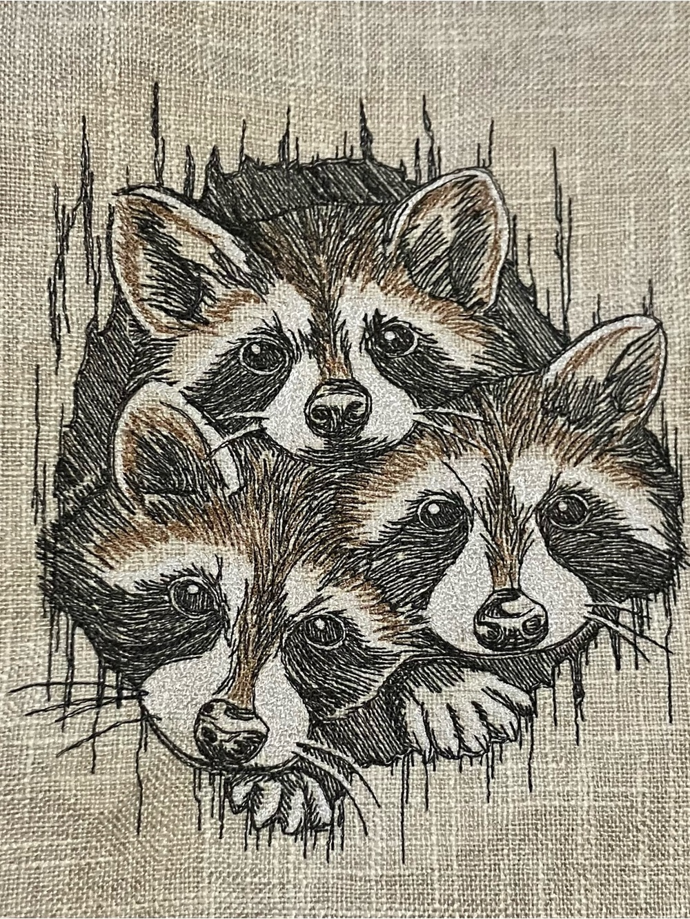 Handmade embroidered Peeking Raccoons pillow cover